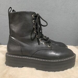 Womens Black Lace Up Ankle Boots Chunky Platform Lug Sole Size EU 39 US 8/5 or 9